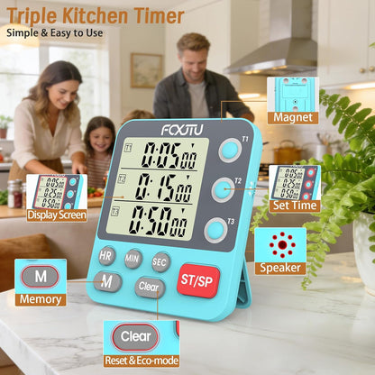 Digital Dual Triple Kitchen Timer, 3 Channels Magnetic Countdown Stopwatch Timer for Cooking, Loud Alarm Large Display Multi Food Memory Timer for Seniors & Teachers Battery Included (Blue)