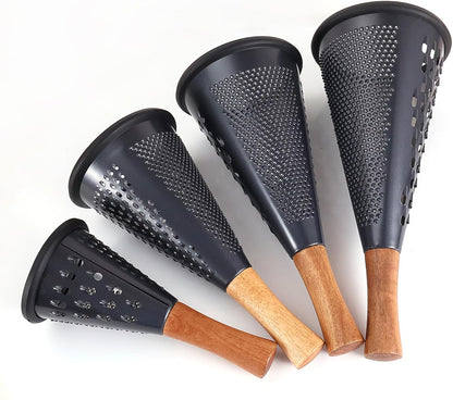 Cone Cheese Grater with Handle Stainless Steel Grater Triple Function Wood Handle Shredder Non-Slip Rubber Bottom Hand Held Multifunction Vegetables Grater Black 4-Size (Size XL:11.8" X 5.1" Black)