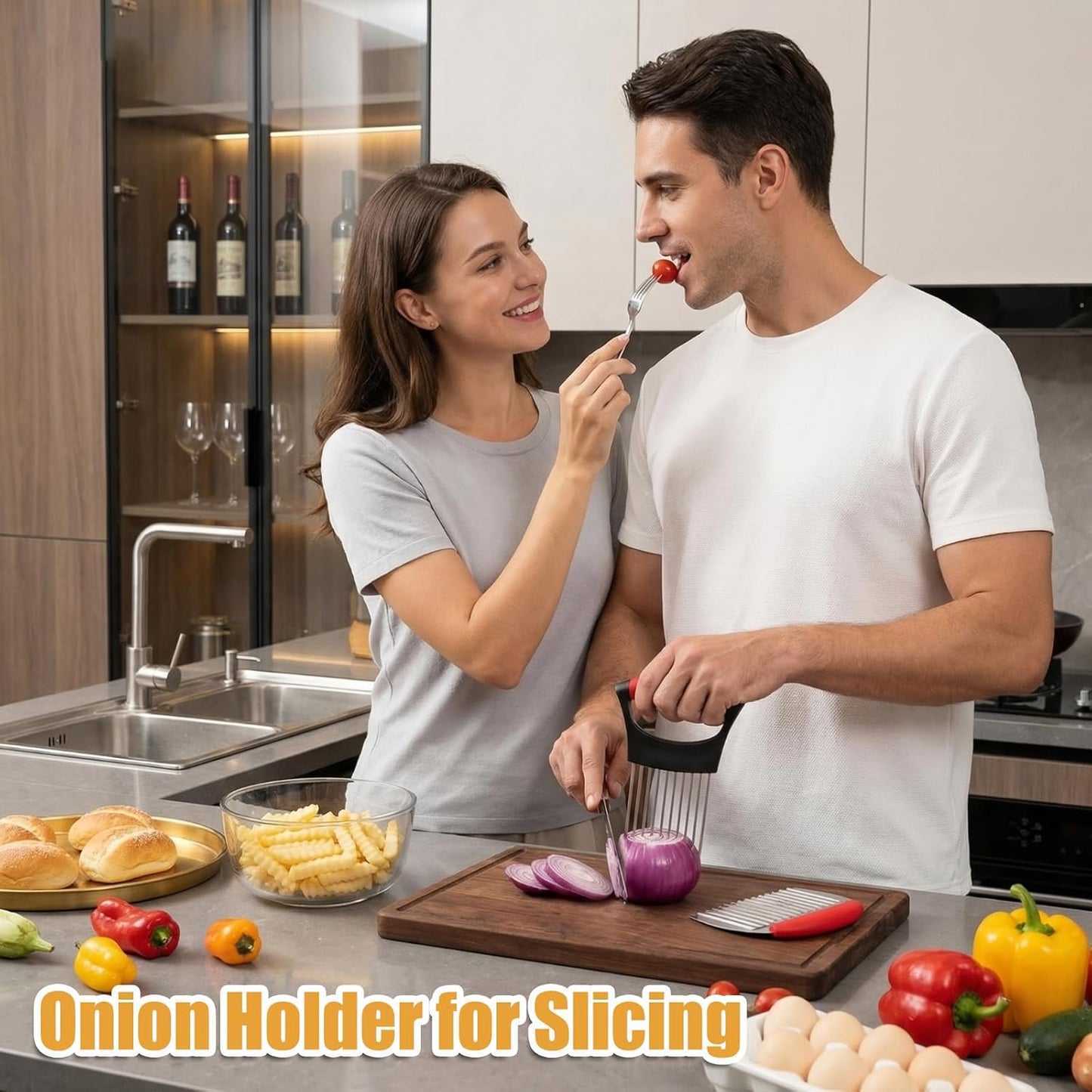 Onion Holder for Slicing, Stainless Steel Onion Cutter Guide for Even Slices, Vegetable Holder Tool with French Fry Cutter, Safe Kitchen Prep Tool