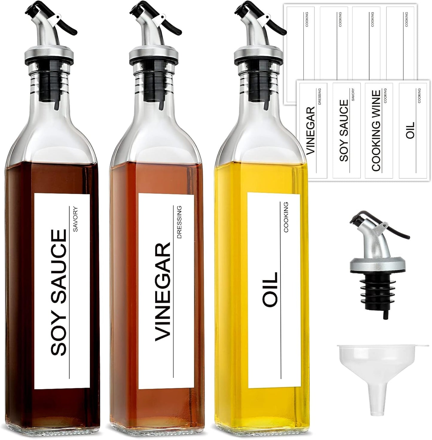gmisun Olive Oil Dispenser for Kitchen, 4 Pack 17 fl oz Glass Oil Dispensers Bottle, Cooking Soy Sauce Bottle Container Cruet with Plastic Pourer Spout, Funnel and Labels, Clear
