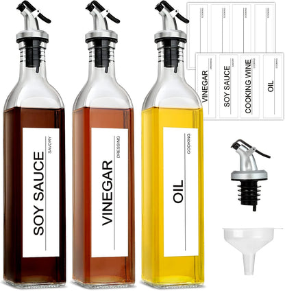 gmisun Olive Oil Dispenser for Kitchen, 4 Pack 17 fl oz Glass Oil Dispensers Bottle, Cooking Soy Sauce Bottle Container Cruet with Plastic Pourer Spout, Funnel and Labels, Clear