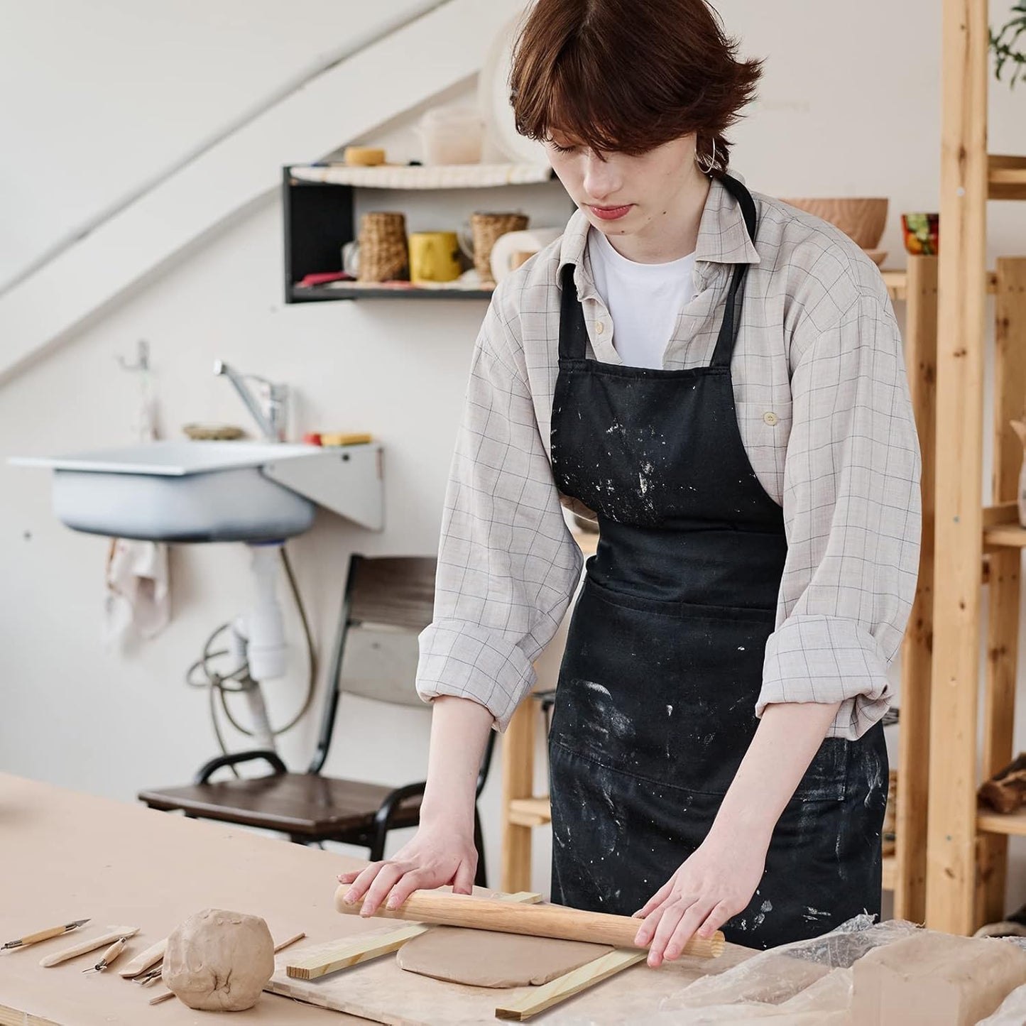 FairySandy 11 Pcs Pottery Teaching Rolling Mud Stick Guide and Wood Rolling Pin Set Include 10 Pcs 15.8 x 0.8 Inches Mudboard Guide and Clay Roller Tools for Manual Self Made Clay Gift Decoration
