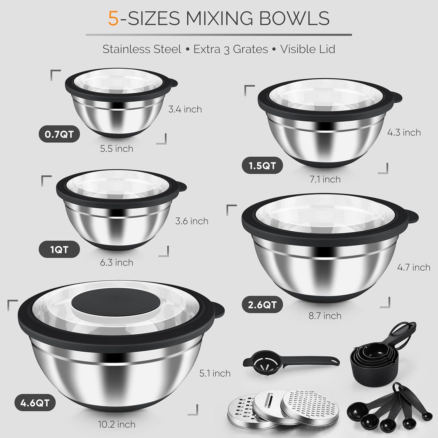 HaWare Mixing Bowls, 24-Piece Stainless Steel Salad Serving Bowl with Airtight Clear Lids, Metal Nesting Bowl For Kitchen Cooking Prepping Storing with 3 Graters, 4.6/2.6/1.5/1/0.7 QT, Khaki