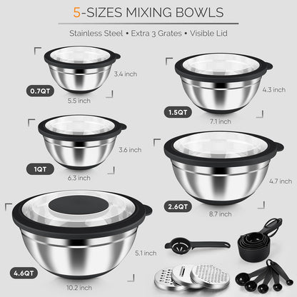 HaWare Mixing Bowls, 24-Piece Stainless Steel Salad Serving Bowl with Airtight Clear Lids, Metal Nesting Bowl For Kitchen Cooking Prepping Storing with 3 Graters, 4.6/2.6/1.5/1/0.7 QT, Khaki
