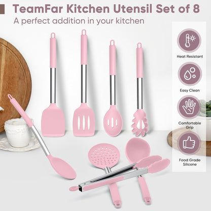 TeamFar Kitchen Utensils Set of 8, Silicone Utensils Kitchen Tools Set with Stainless Steel Handle, for Frying Serving Flipping Draining, Non-toxic & Heatproof, Nonstick & Dishwasher Safe - Black