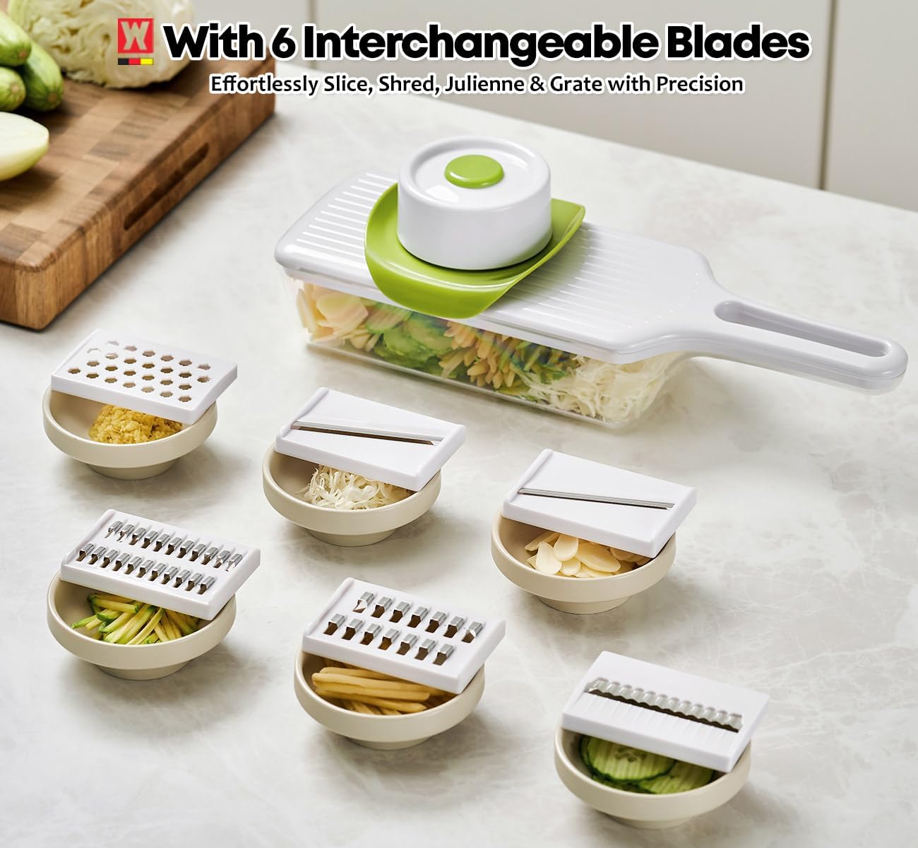 WAGENSTEIGER Stainless Steel Mandoline Slicer - Adjustable Multi-Blade Vegetable & Food Chopper with 6 Interchangeable Blades, Safe Hand Guard, Non-Slip Base & Catch Tray – Julienne Slicer