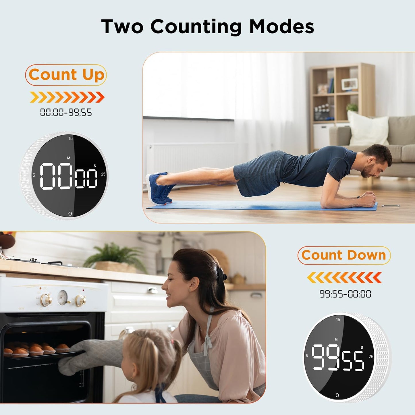 Upgrade Digital Kitchen Timer - Magnetic Countdown Countup Visual Pomodoro Timer with Large LED Display, 3-Preset Times (5, 15, 25), 3 Volume Levels, Ideal for Cooking, Baking and Fitness (1, Black)