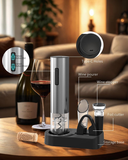 CIRCLE JOY Electric Wine Opener Stainless Steel Rechargeable Automatic Wine Bottle Opener Set 7-in-1 Wine Gifts for Wine Lovers with Charging Base, Foil Cutter, Wine Aerator Pourer & 2 Vacuum Stoppers