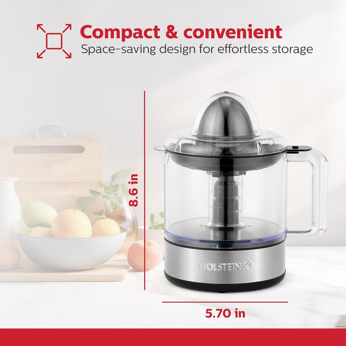 Holstein Housewares 27-oz Electric Citrus Juicer, Black/Stainless Steel - Ideal for Freshly Squeezed Orange, Lemon, Grapefruit Juices for Breakfast or Drinks