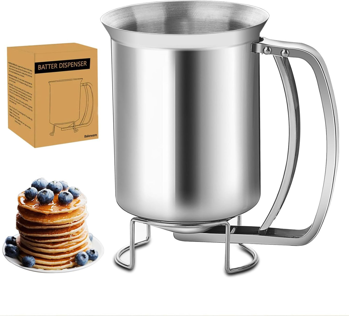 Joyeee 24oz Pancake Batter Dispenser, Stainless Steel Batter Dispenser with Squeeze Handle, Durable, Leak-Free and Easy to Clean, Great for Cupcakes, Waffle