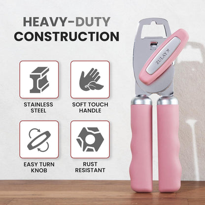 Zulay Kitchen Heavy Duty Stainless Steel Can Opener Manual with Bottle Opener - Rust Proof Manual Can Opener With Turn Knob & Comfy Soft Grip Handles - Black