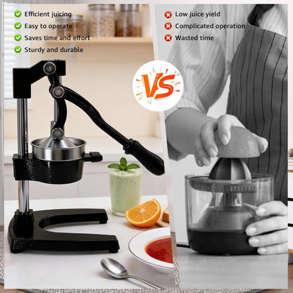 Manual Fruit Juicer Hand Press - Effortless Cast Iron Citrus Squeezer for Home - 304 Stainless Steel, Dishwasher Safe - Extract Fresh Juice from Pomegranate, Orange, Lemon - Non-Slip Base