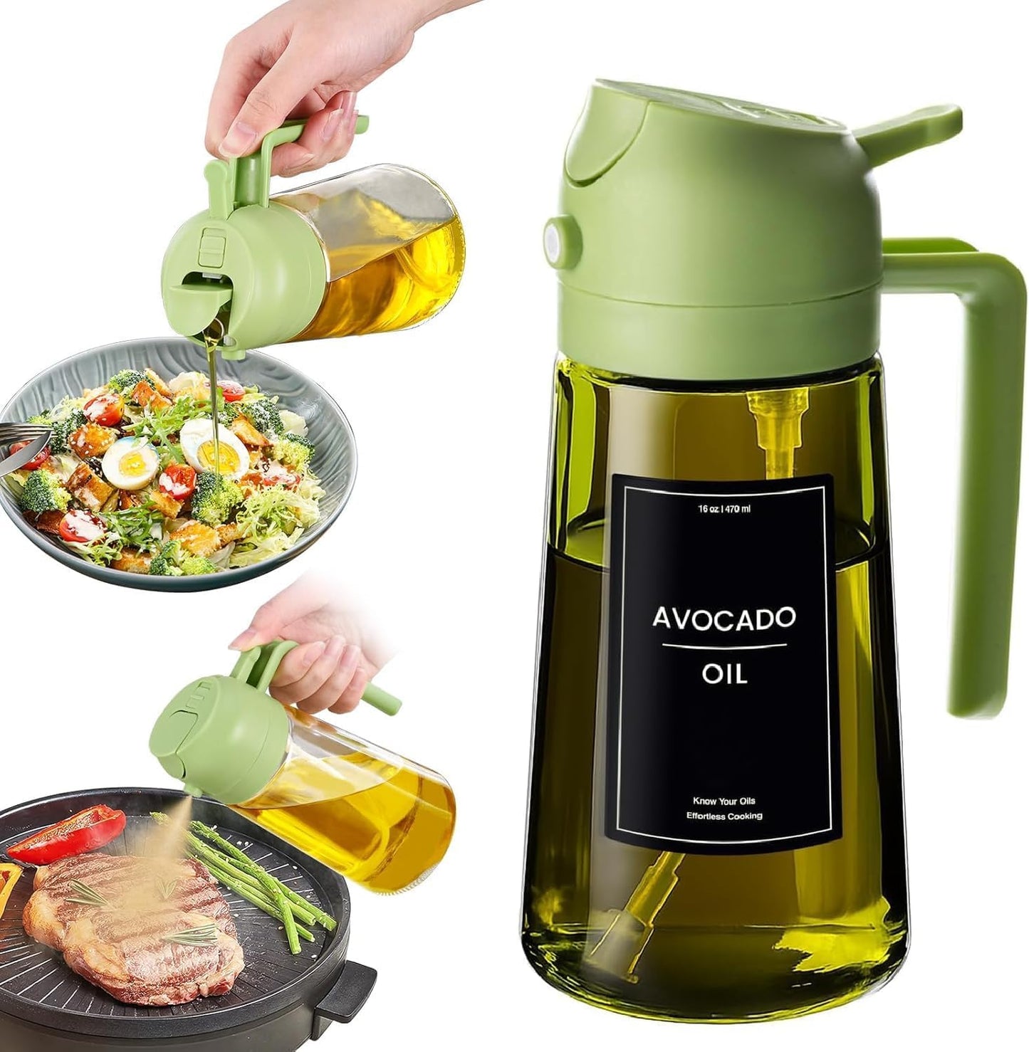 16oz/470ml Glass Olive Oil Sprayer for Cooking - 2 in 1 Olive Oil Dispenser for Kitchen Gadgets, Air Fryer, Salad, and BBQ (black)