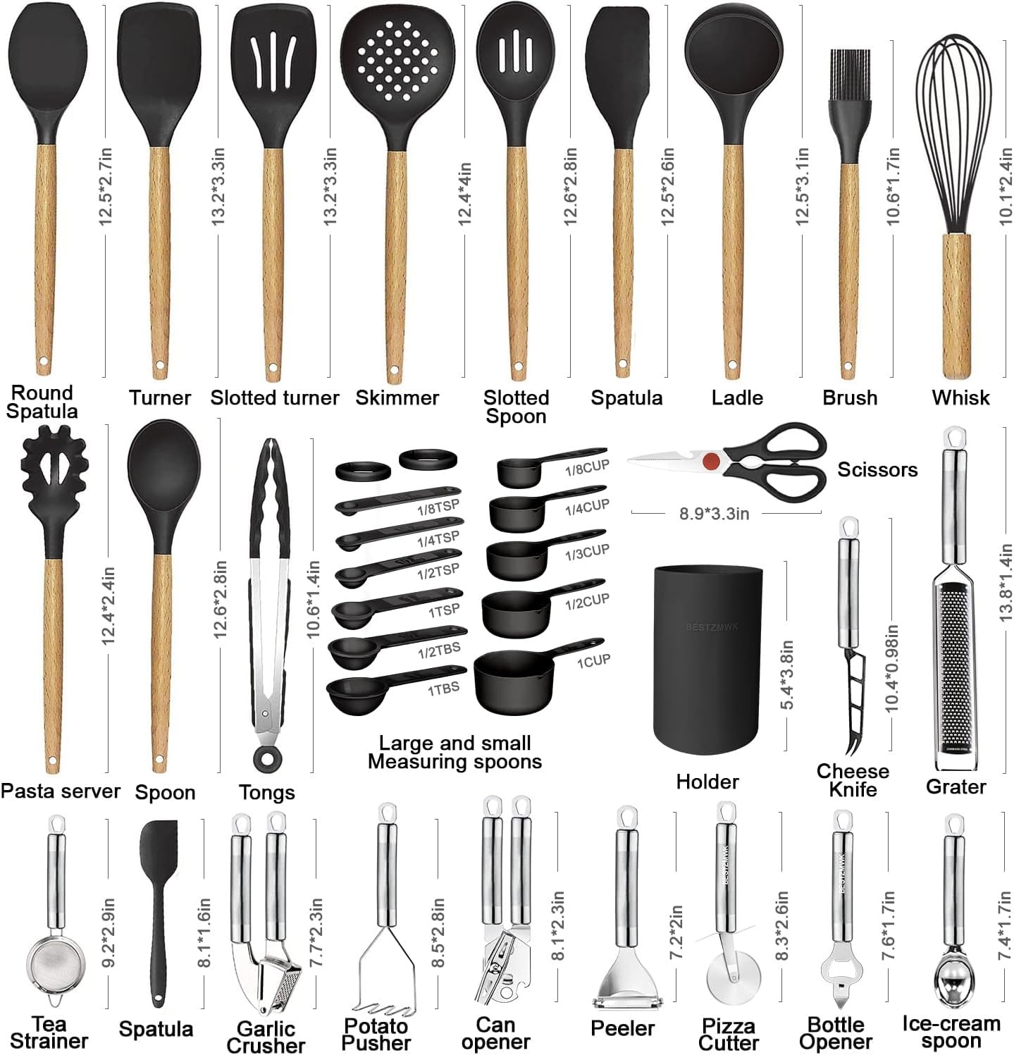 Kitchen Utensils Set- 35 PCs Cooking Utensils with Grater,Tongs, Spoon Spatula &Turner Made of Heat Resistant Food Grade Silicone and Wooden Handles Kitchen Gadgets Tools Set for Nonstick Cookware