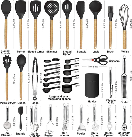 Kitchen Utensils Set- 35 PCs Cooking Utensils with Grater,Tongs, Spoon Spatula &Turner Made of Heat Resistant Food Grade Silicone and Wooden Handles Kitchen Gadgets Tools Set for Nonstick Cookware