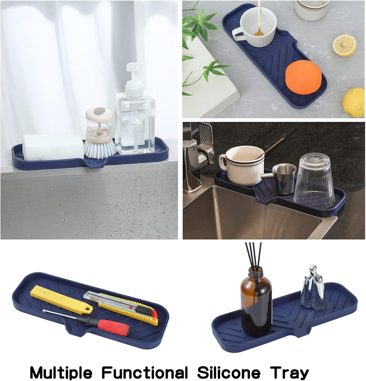 MicoYang Silicone Soap Dish with Drain Spout, Self-Draining Sink Organizer Tray for Bathroom and Kitchen, Sponges, Dispensers and Soap Holder, Non-Slip and Dishwasher Safe, Black (Compact, 4.9"×3.2")
