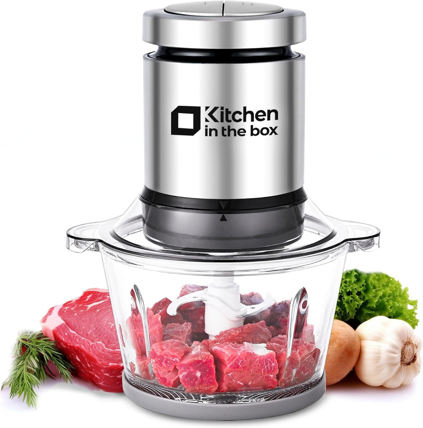 Kitchen in the box Food Processor, Electric Meat Grinder & Food Chopper with 400W Powerful Veggie Chopper-2 Bowls（8 Cup+8 Cup） & 2 Bi-Level Blades for Meat/Fish/Vegetable/Baby Food（Sliver Button）
