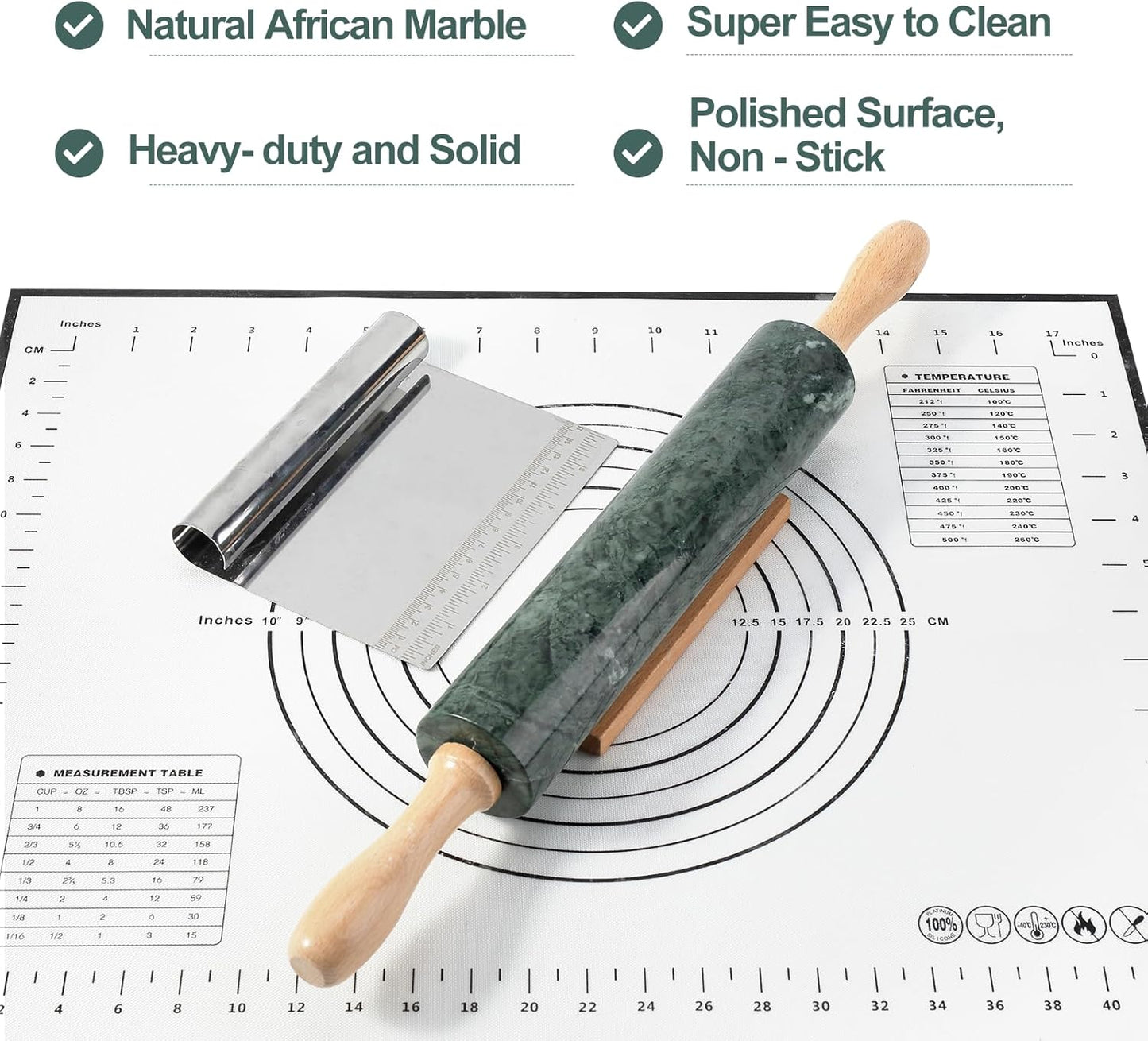 Koville African Natural Marble Rolling Pin, Non-Stick Polished Dough Roller, Pasta, Dumpling, Fondant, Pie Crust, Bread, Pizza Dough, Kitchen Baking Pastry Tools with Mat/Scraper（Namib Fantasy）