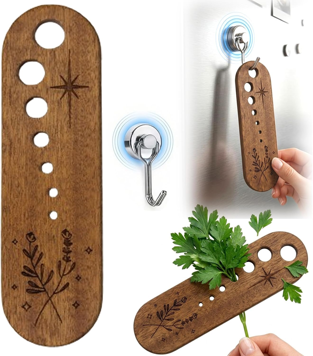 Herb Peeler Tool Wooden Herb Leaf Stripper Vegetable Stripper with magnetic hook for Kale Chard Collard Greens Thyme Basil Rosemary 7 Holes