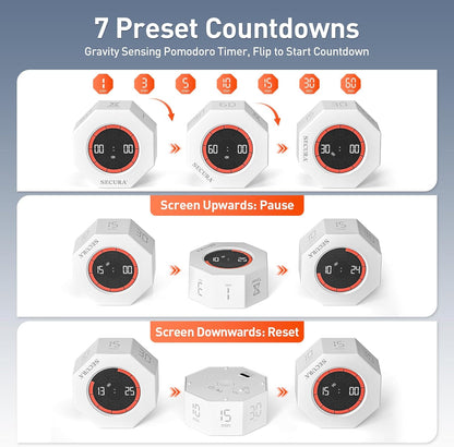Secura Pomodoro Timer, Rotating Cube Time Tracker, Flip Gravity Sensor with 7 Presets(1/3/5/10/15/30/60 Min), Visual Progress Bar for ADHD, Kids, Tasks, Work, Study (White)