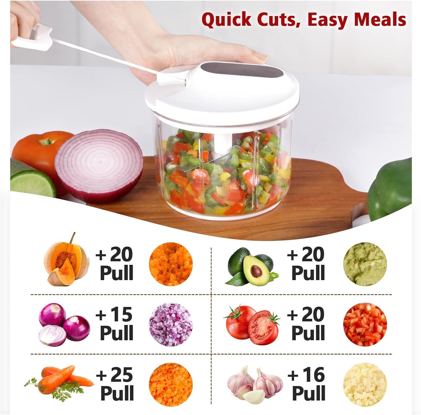 Manual Food Processor 1000ML Large Capacity Pull String Vegetable Chopper Onion Cutter for Salsa Nuts Pesto Herbs Easy to Clean Kitchen Gadget Black