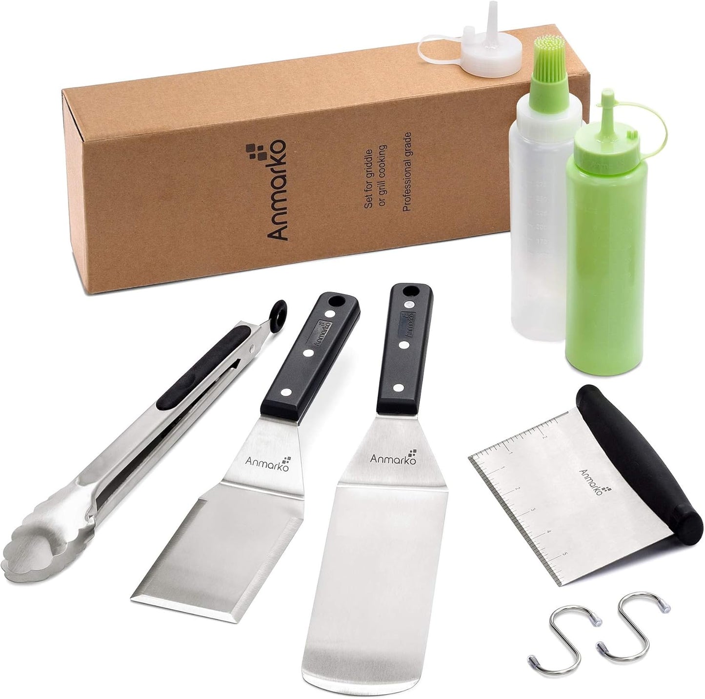 Anmarko Professional Griddle Spatula Set - Stainless Steel Metal Spatula and Griddle Scraper - Heavy Duty Commercial Grade