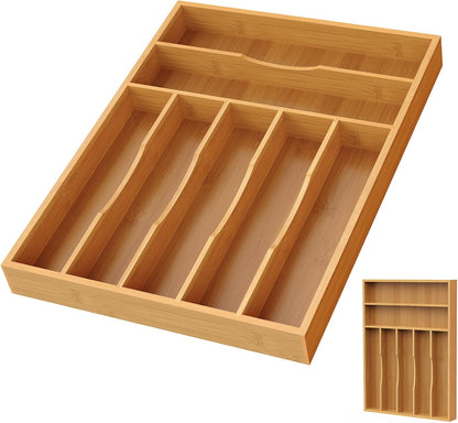 Bamboo Silverware Organizer, Bamboo Kitchen Drawer Cutlery Organizer, Utensil Holder, Flatware Organizer Tray (15.8"x9.5"x1.6")