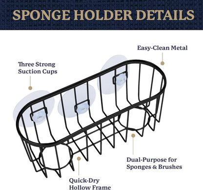 Farberware Sponge Holder for Kitchen Sink—Brushed Metal Sink Caddy Organizer with Triple Suction Cups, Kitchen Organizer for Sponges, Brushes, Soap & Cleaning Essentials