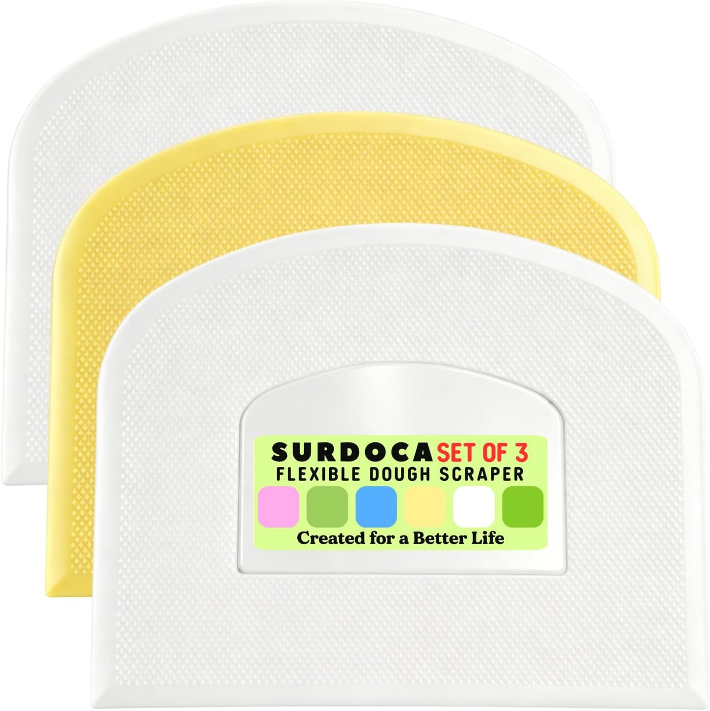 SURDOCA Dough Scraper Bench Scraper - 3P 4.7x3.7" Plastic Flexible Bowl Scraper, Sharp Edge & Angles Cake Scraper. Non-Slip Bakeware Decorating Tools Sculpting & Modeling Tools - Green+White+Green - Colors B