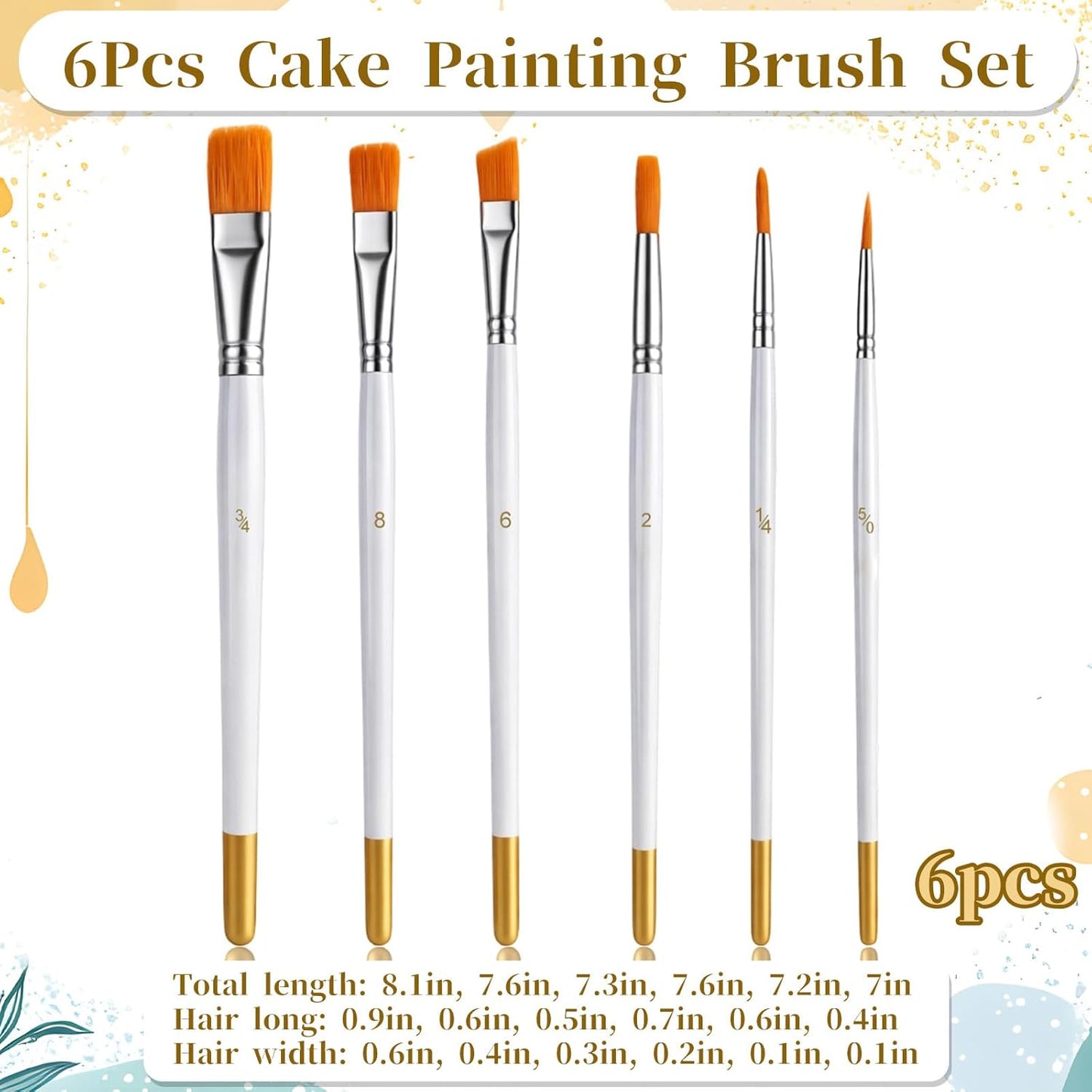 6PCS Cake Painting Brushes Set, Food Baking Painting Brush Cake Decoration Tools Soft Cakes Decorating Brushes for Pastry Cookie Cakes Fondant Decoration (White)
