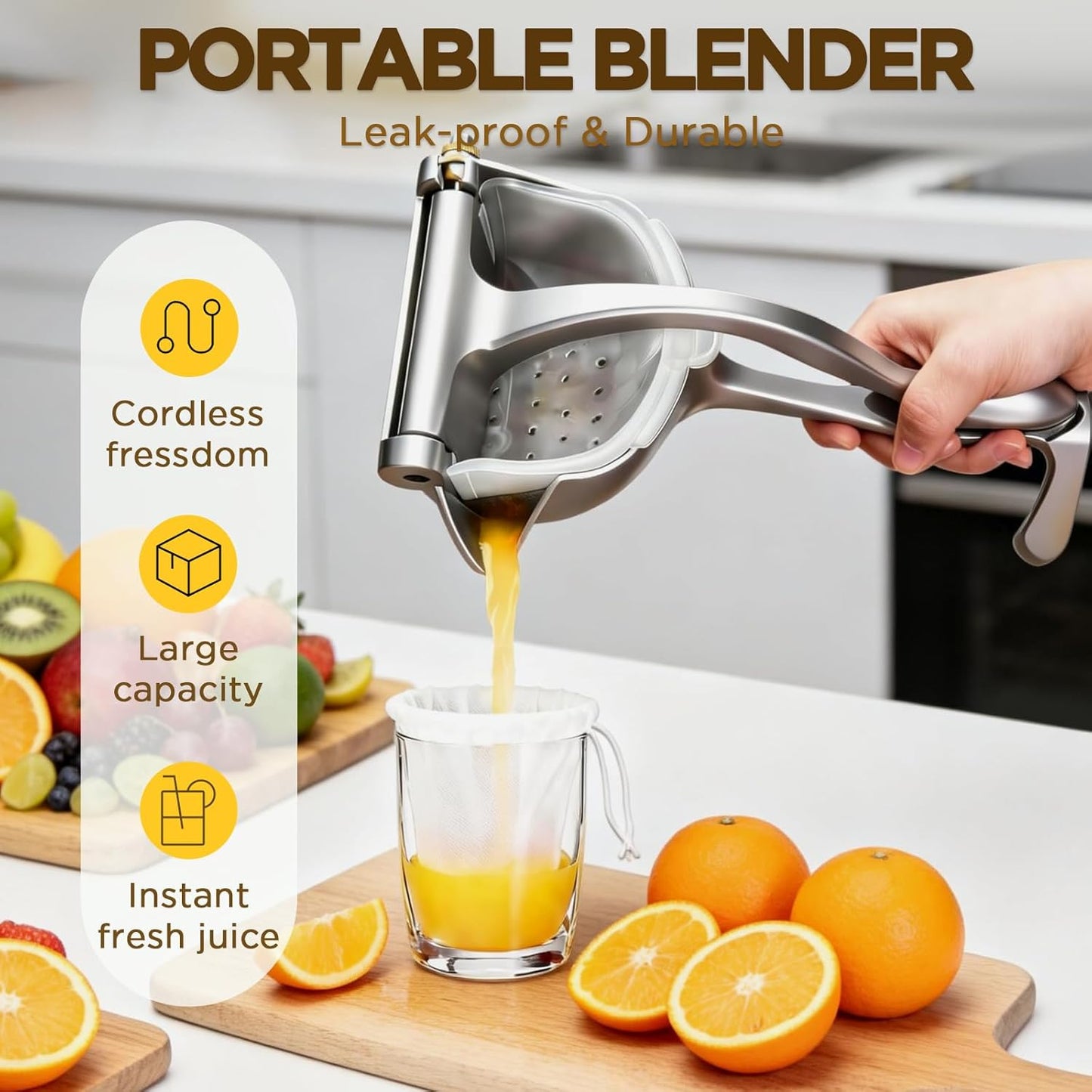 Fruit Juice Squeezer Manual Juicer – 304 Stainless Steel Hand Juicer Juice Press with Metal Filter filter bag, Easy to Use & Clean, Non-Slip Ergonomic Grip, for Lemon, Orange & Citrus