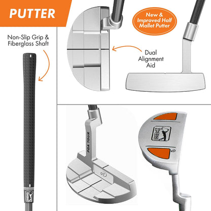 PGA Tour Youth Golf Club Set for Ages 8-12 & 12+ (4’8”–5’10”), Right and Left-Handed Kids Golf Sets – Beginner Junior Golf Clubs with Lightweight Stand Bag, Mallet Putter, Hybrid, Driver