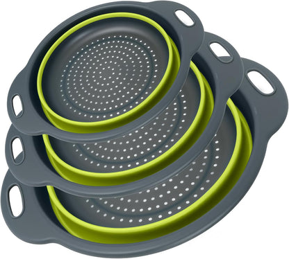 Collapsible Colander 3-Pack Set Space-Saving Foldable Kitchen Strainer with Non-Slip Base Durable Thickened PP+TPE Collapsible Strainers for Pasta, Vegetables, Fruits (Gray-White)