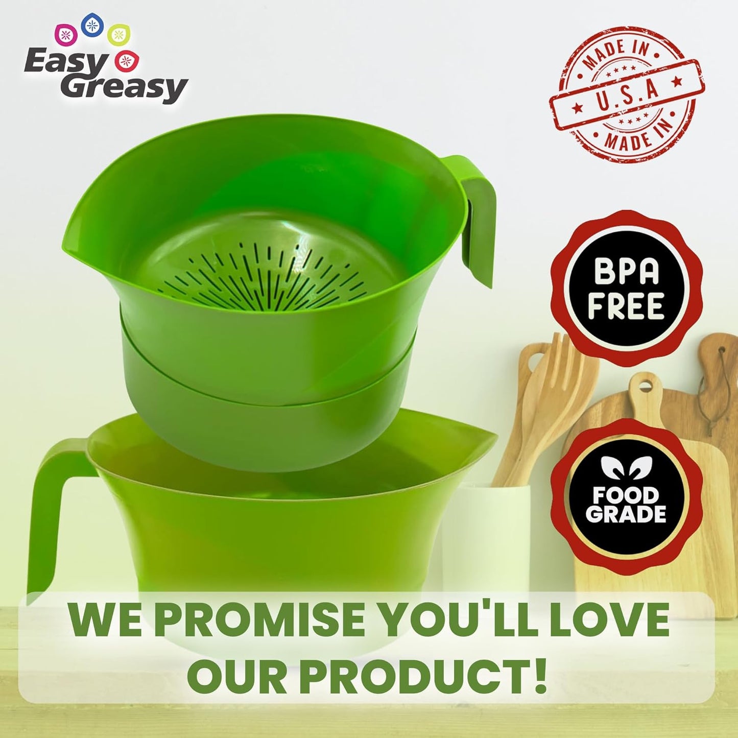 3-Piece Colander Grease Strainer Set – Green Grease Separator with Handle, Container & Lid – Strains Bacon, Pasta, Ground Beef – BPA-Free Kitchen Gadget