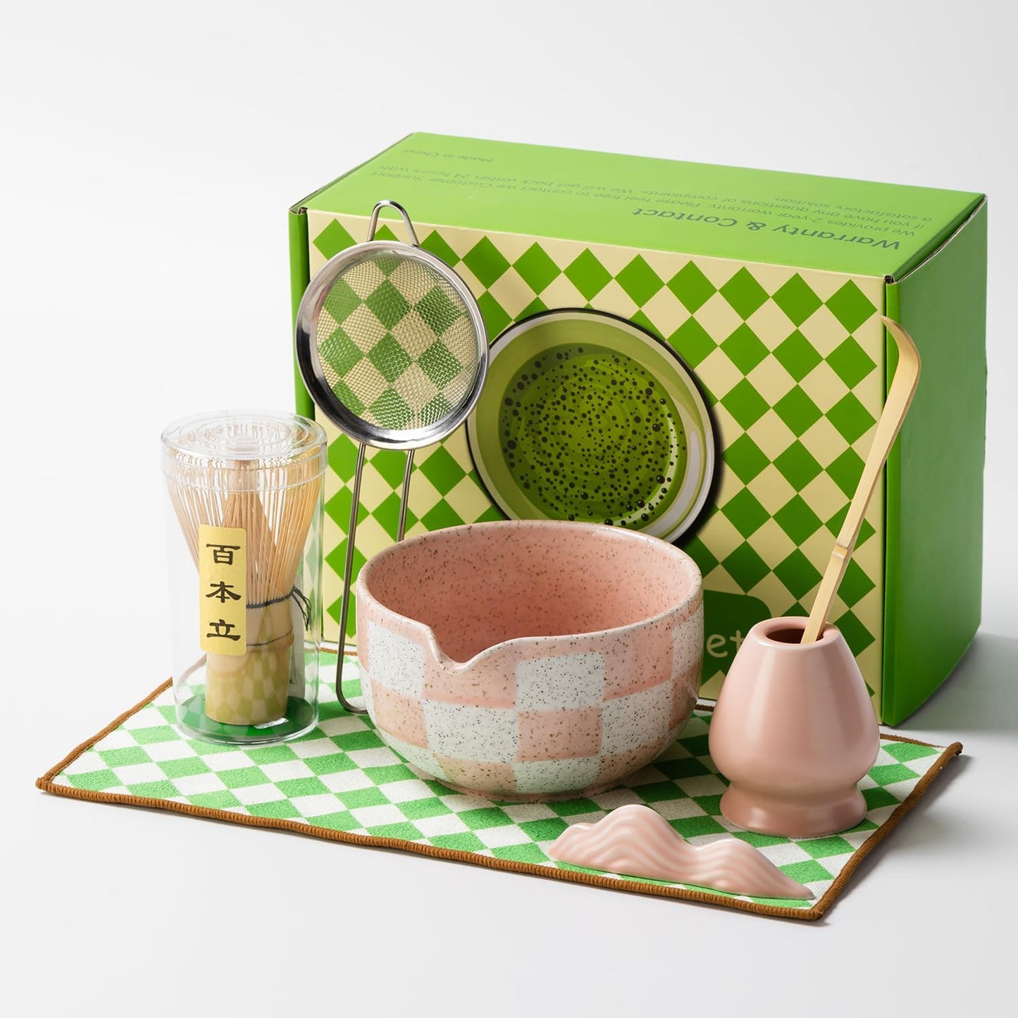 Premium 7-Piece Matcha Tea Set – Traditional Japanese Style with Elegant Grid Pattern, Includes Bamboo Whisk, Ceramic Bowl, Scoop & More – Perfect for Matcha Lovers & Tea Ceremony (Orange grid)