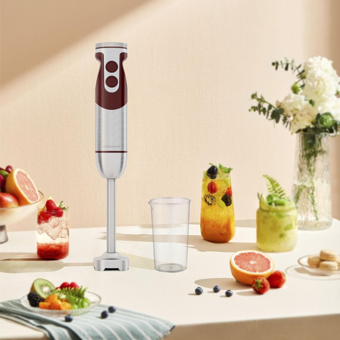 MegaWise 5-in-1 Hand Blender, Powerful Immersion Stick Blender with Titanium Reinforced Blades, 12-Speed Control, Includes Chopper, Beaker, Whisk & Frother for Smoothies & Baby Food