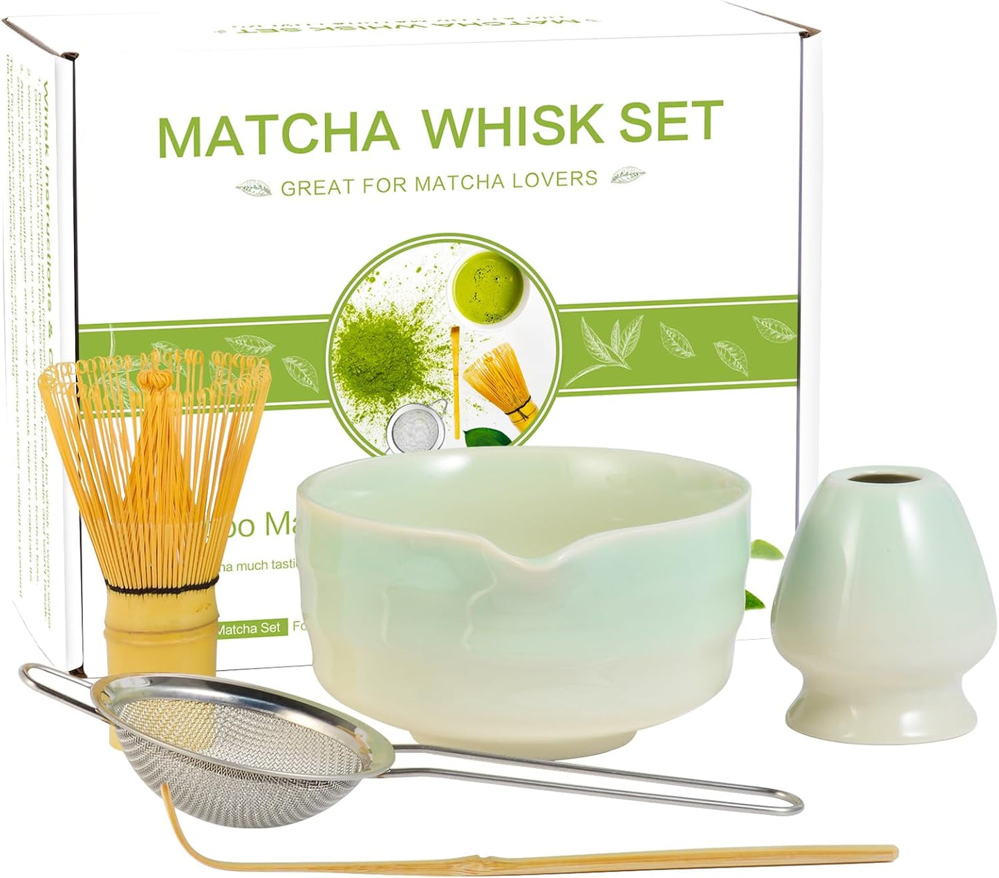 Matcha Whisk Set, Japanese Tea Set Includes Matcha Bowl with Spout, Bamboo Whisk, Ceramic Chasen Holder, Scoop, Sifter, 5 pcs Traditional Tea Making Kit for Matcha Lovers Christmas Gifts for Women Men