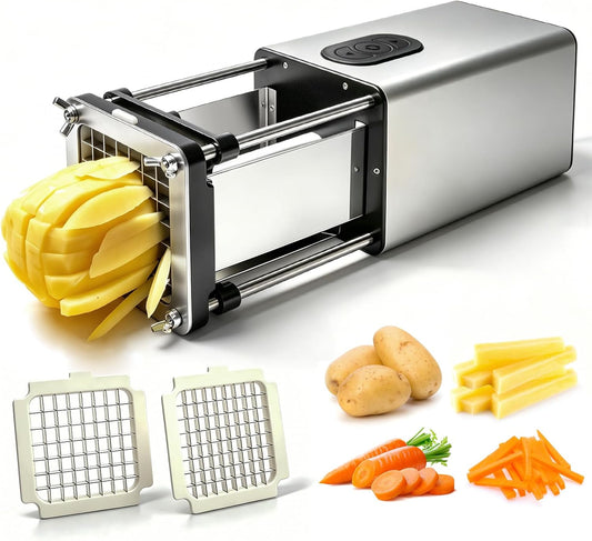 Electric French Fry Cutter, Automatic Potato Cutter Stainless Steel with 1/2" & 3/8" Blades, Non-Slip Suction Base, Fry Cutter for Potatoes Carrot Onion, Great for Home & Light Commercial Use