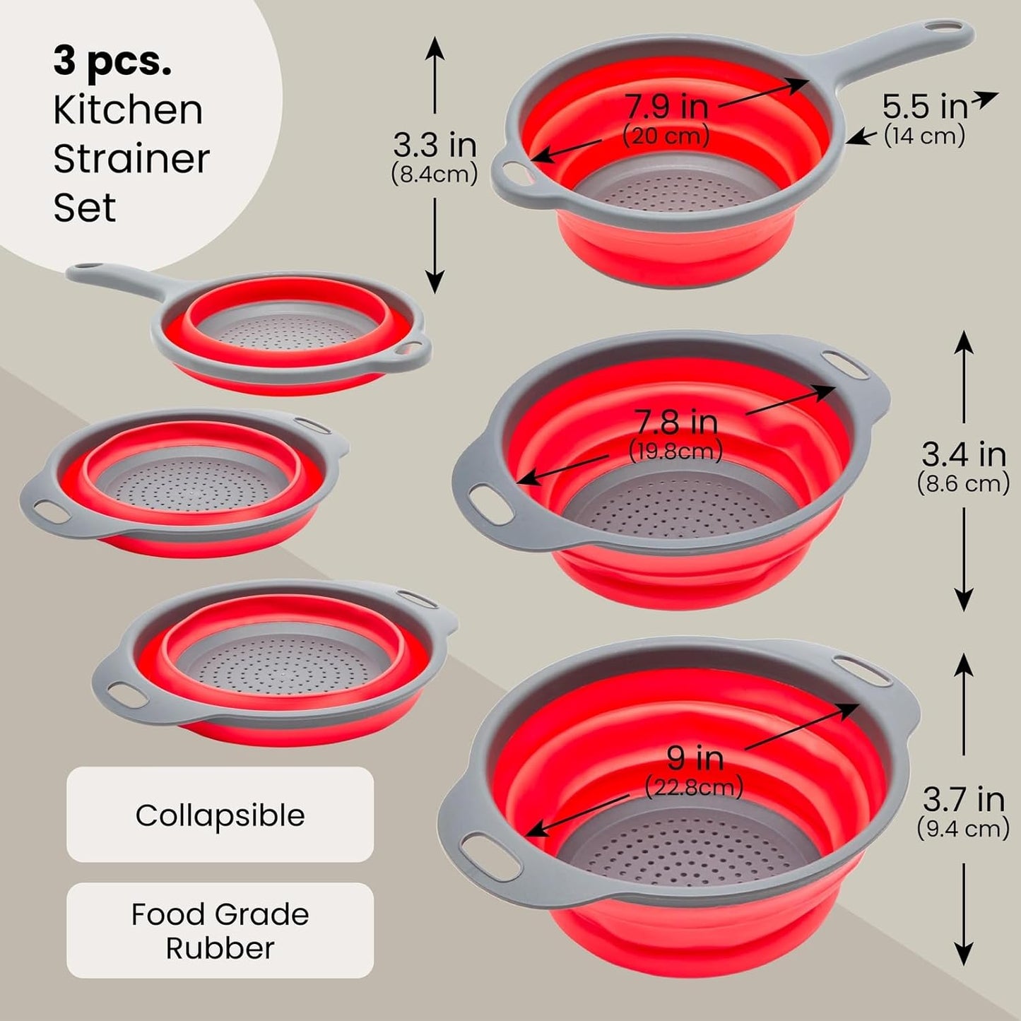 Juvale Collapsible Colander Set of 3, Space-Saving Kitchen Strainer, Use to Drain Vegetables and Fruits, Heat-Resistant Pasta Strainer with Handle, Foldable for Easy Storage, Ideal for Campers, Red