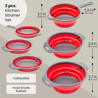 Juvale Collapsible Colander Set of 3, Space-Saving Kitchen Strainer, Use to Drain Vegetables and Fruits, Heat-Resistant Pasta Strainer with Handle, Foldable for Easy Storage, Ideal for Campers, Red