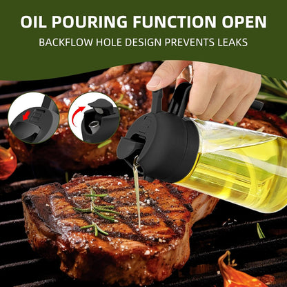 PLAPITATE 17oz/500ml Premium Olive Oil Sprayer for Cooking, 2 in 1 Glass Olive Oil Dispenser Bottle for Kitchen Gadgets, Spray Bottle with Portion Control for Salad, Frying, BBQ (Black)