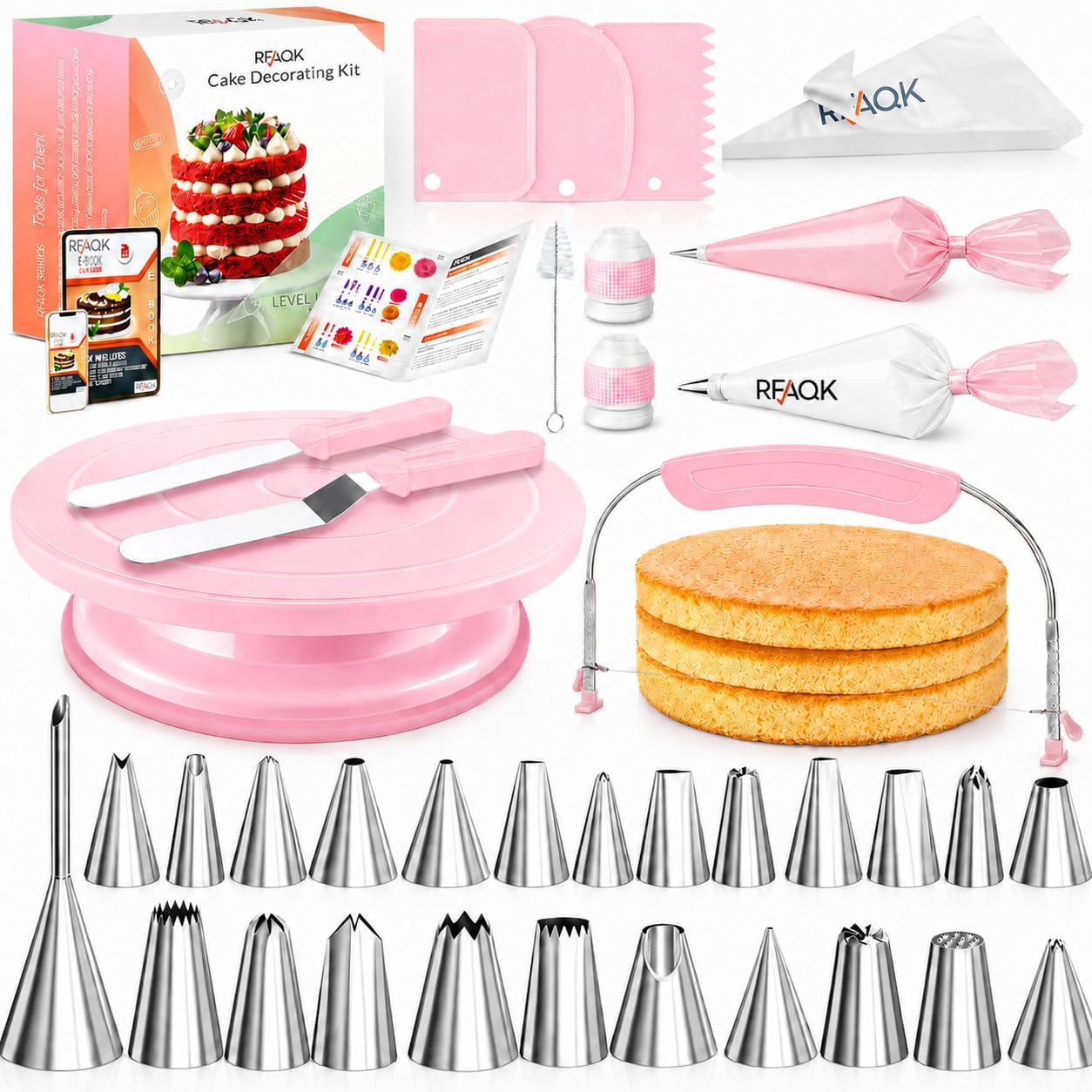 RFAQK 90PCs Cake Decorating Kit with Leveler, Baking Supplies Gift Includes Cake Stand Turntable, 24 Numbered Icing Tips, 55+1 Piping Bags, 2 Frosting Spatulas, 3 Scrappers, Video Course & Booklet