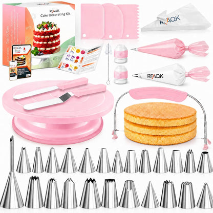 RFAQK 90PCs Cake Decorating Kit with Leveler, Baking Supplies Gift Includes Cake Stand Turntable, 24 Numbered Icing Tips, 55+1 Piping Bags, 2 Frosting Spatulas, 3 Scrappers, Video Course & Booklet