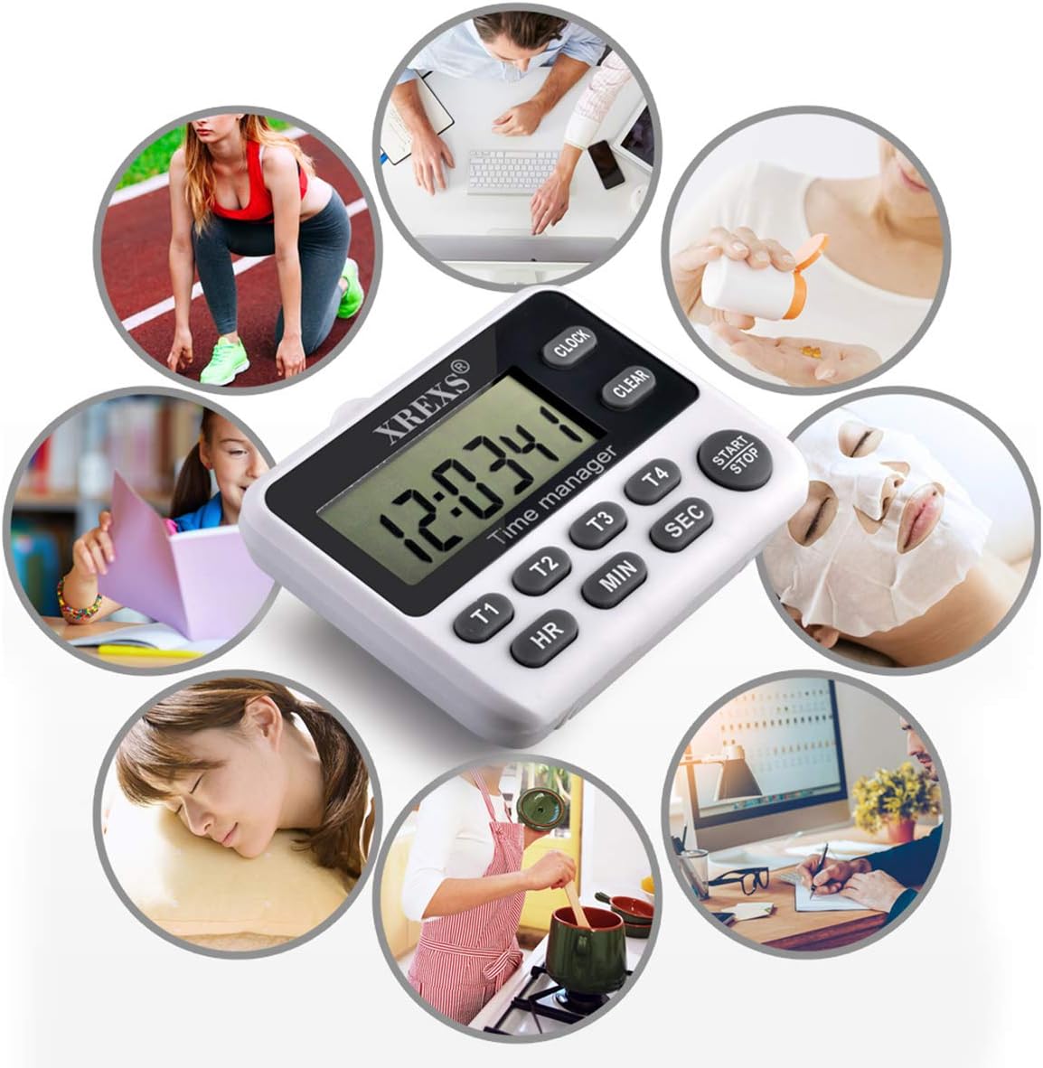 XREXS 4-Channel Digital Kitchen Timer Clock with Large LCD Display, 4 Groups Simultaneous Timing Countdown Up Pocket Timer, Magnetic Attachable (Battery Included)