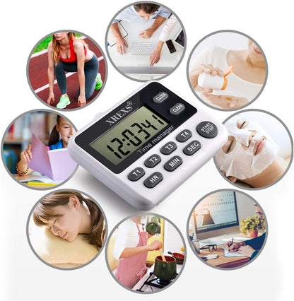 XREXS 4-Channel Digital Kitchen Timer Clock with Large LCD Display, 4 Groups Simultaneous Timing Countdown Up Pocket Timer, Magnetic Attachable (Battery Included)