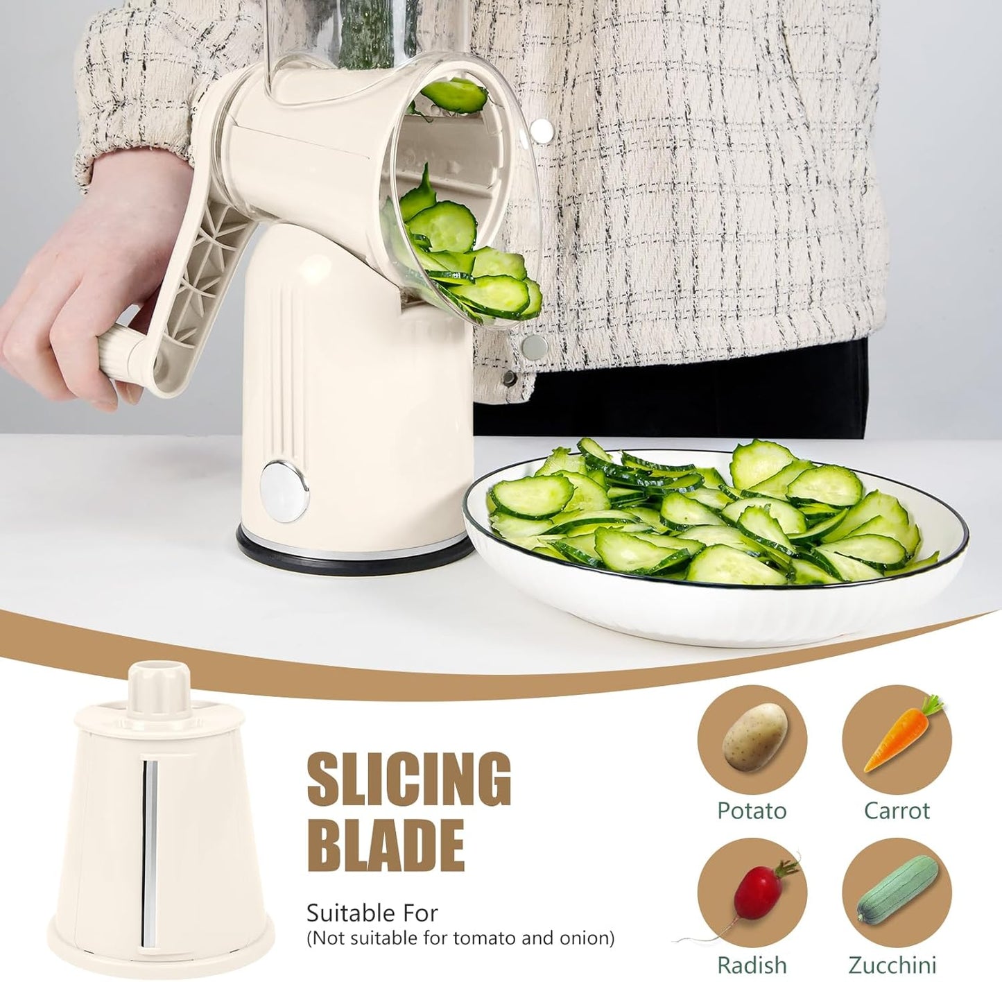 Rotary Cheese Grater with Handle: 5-in-1 Cheese Grater Hand Crank, Strong Suction Base for Fruit Vegetables Nuts with Blade Storage Box(Purple)