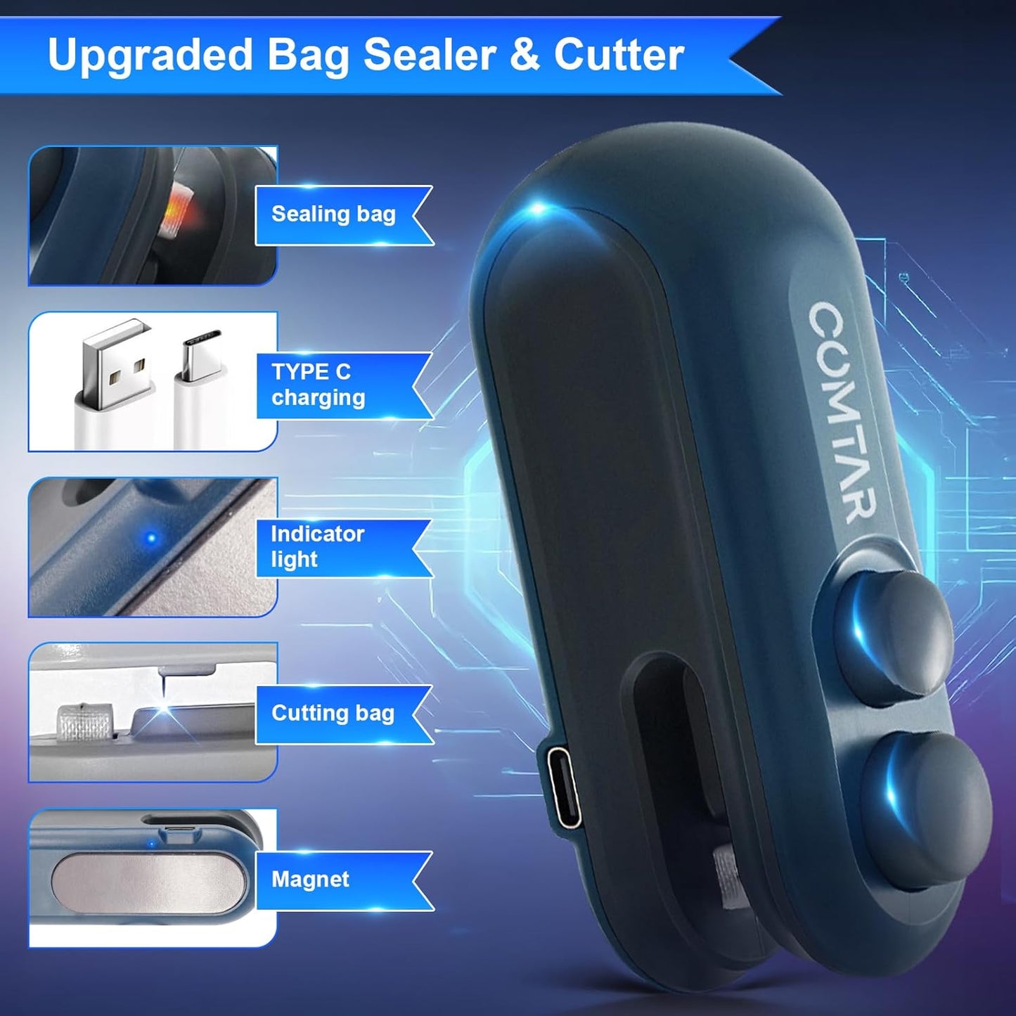 2in1 Rechargeable Chip Bag Sealer with Cutter, Portable USB C Heat Sealer Resealer Machine for Chip, Plastic Bags Heat Seal Tool for Snacks (White)