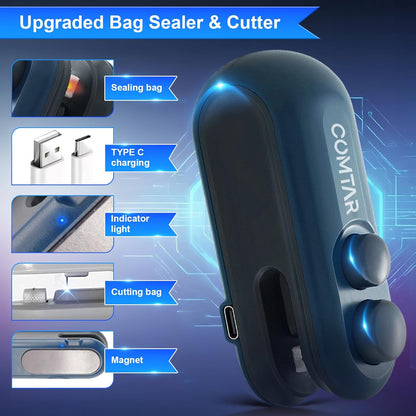 2in1 Rechargeable Chip Bag Sealer with Cutter, Portable USB C Heat Sealer Resealer Machine for Chip, Plastic Bags Heat Seal Tool for Snacks (White)