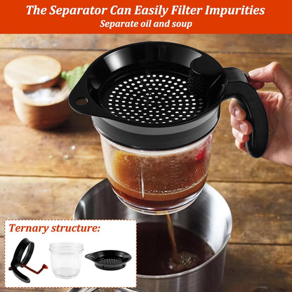 Fat Separator with Bottom Release, 33 Oz Gravy Separator for Cooking with Oil Strainer, Kitchen Gadgets Grease Separator with Stainless Steel Barbecue Syringe