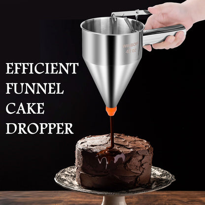 Stainless Steel Pancake Batter Dispenser with Squeeze Handle and Multi-Nozzle, for Pancakes, Cupcakes, and Baked Goods. 40 oz